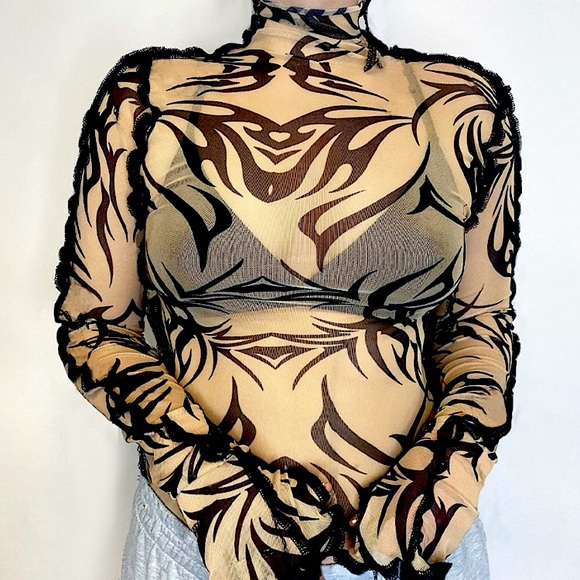 Tan mesh tribal striped long sleeve top - Picture 1 of 14